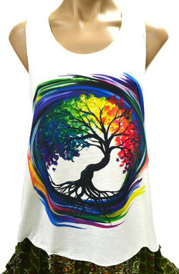 Singlet, Top, Printed, Light Cotton, Tree, Tree of Life, Life Tree, Rainbow Swirl, Rainbow, Pretty,