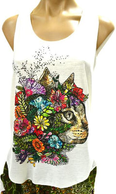 Singlet, Top, Printed, Light Cotton, Cat, Flowers, Cat head, Cat Flowers, Floral, 